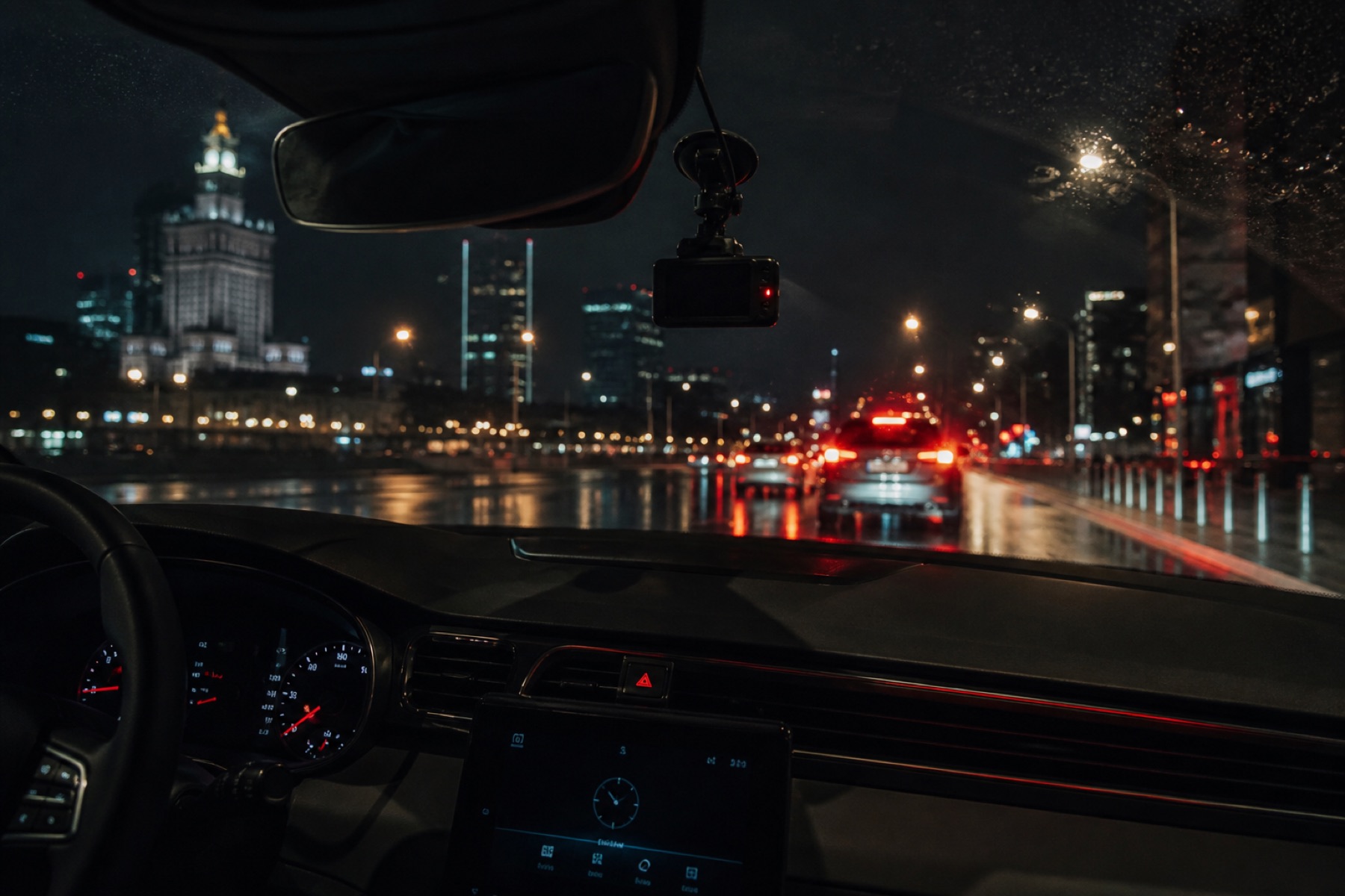 Wideorejestrator za lusterkiem, nocna Warszawa za szybą